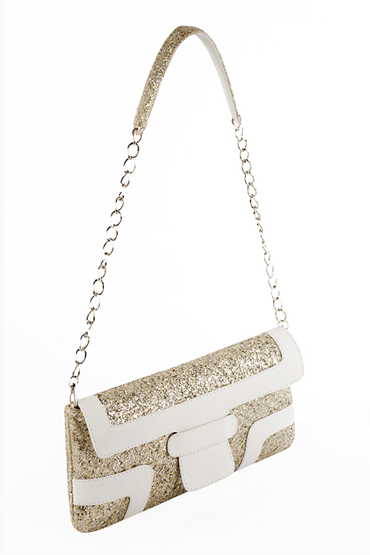 Gold and off white women's dress clutch, for weddings, ceremonies, cocktails and parties. Worn view - Florence KOOIJMAN